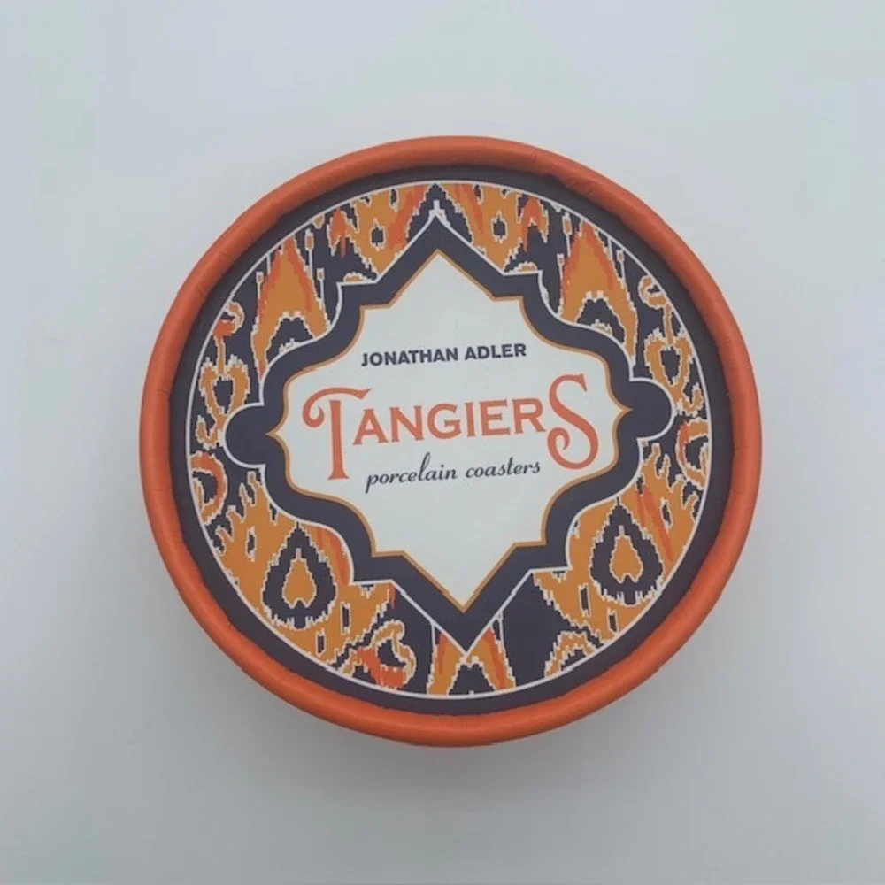 Jonathan Adler Tangiers Porcelain Coasters Set 4 Ikat Moroccan Boho w Box